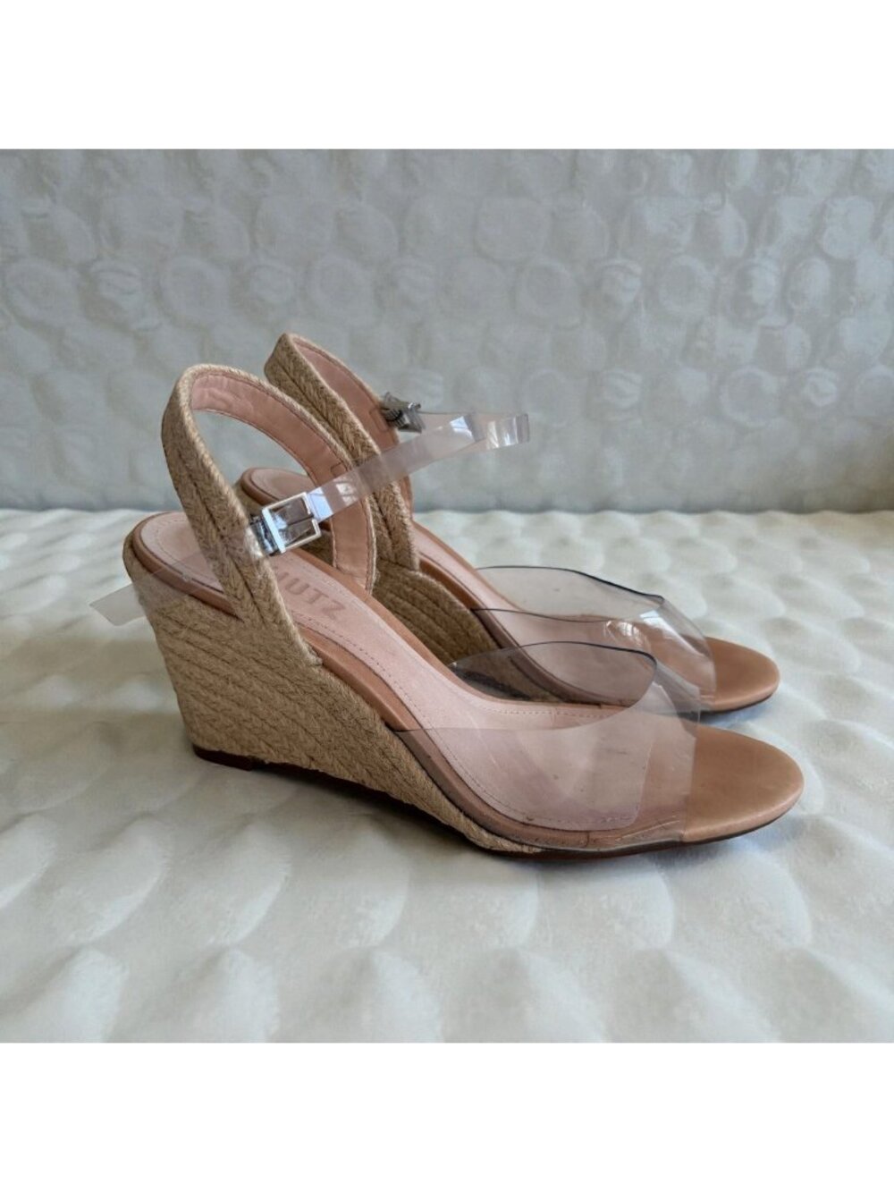 SCHUTZ Clear PVC and Natural Espadrille Wedge Sandals